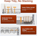 2 Tier Dish Drainers Drying Rack for Kitchen Counter Large Stainless Steel Dishes Drain with Drainboard, Space Saving, Big Modern Silver Countertop Metal Plates Dryer Strainer Holder and Extra Tray
