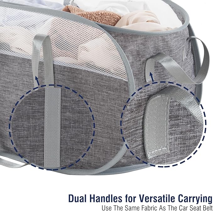 TECHMILLY Collapsible Laundry Basket, Foldable Tear Proof Mesh Pop Up Hamper with Reinforced Carry Handles for Laundry, Bathroom, Dorm or Travel (Grey)