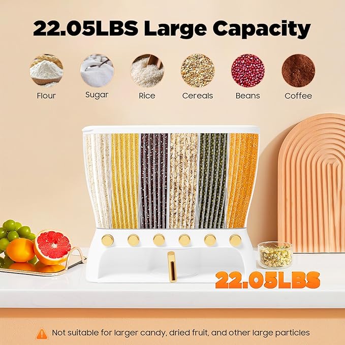 Dry Food Dispenser, Wall Mounted 6 Grid Beans Dispenser Grain Dispenser with Measuring Cup 22 Pounds Kitchen Storage Countertop Organizer for Kitchen Rice Beans Organizing