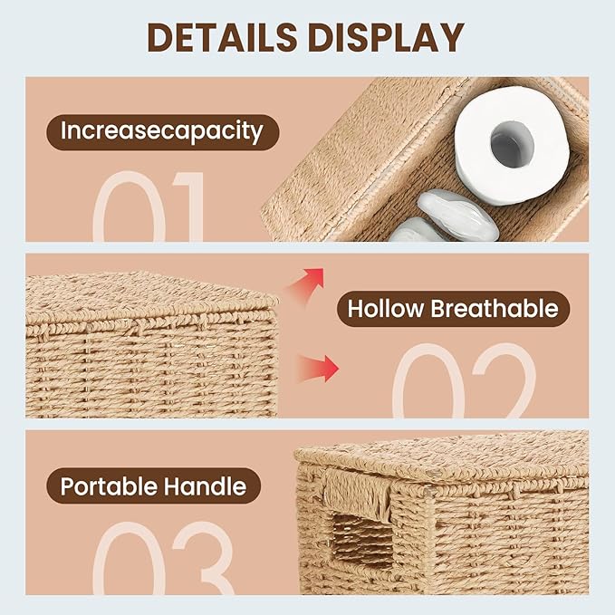 14 Inch Toilet Paper Storage Basket with Lid, 6-Roll Bathroom Organizer, Woven Paper Rope Basket for Narrow Spaces, Multi-Purpose Holder for Towels, Utensils, Picnic & Home Decor