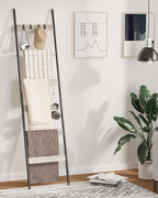 Blanket Ladder, 6-Tier Towel Holder with 4 Removable Hooks, Farmhouse Wall Leaning Decorative Rack Shelf, Wooden Towel Display Rack, Quilt Ladder for Living Room, Bedroom, Greige