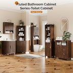 VINGLI Over The Toilet Storage Cabinet, Mid Century Modern Bathroom Organizer with Fluted Doors, Freestanding Wooden Space Saver Stand with Adjustable Shelves for Laundry, Dark Walnut
