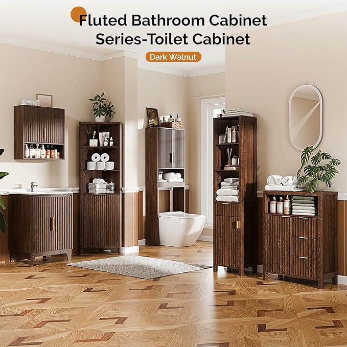 VINGLI Over The Toilet Storage Cabinet, Mid Century Modern Bathroom Organizer with Fluted Doors, Freestanding Wooden Space Saver Stand with Adjustable Shelves for Laundry, Dark Walnut