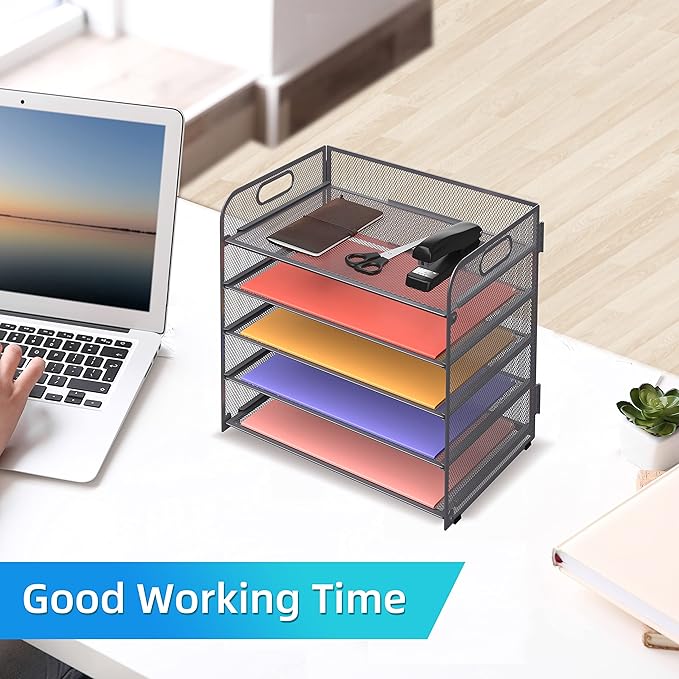 Supeasy 5 Trays Paper Organizer Letter Tray with Handle-Mesh Desk File Organizer, Grey Paper Sorter Desk Organizer for Office, Home or School
