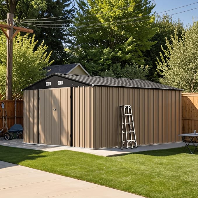 Patiowell 10 x 12 FT Outdoor Storage Shed, Large Metal Shed Storage with Lockable Doors and Steel Frame, Utility Tool Outside Storage Shed for Garden, Patio, Backyard, Brown