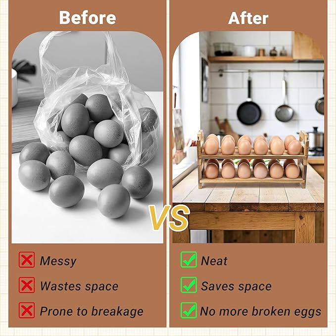 Yuoyar Wooden Fresh Egg Holder Countertop - Stackable egg storage for Gathering Fresh Eggs - 24-Hole Egg Rack for Counter