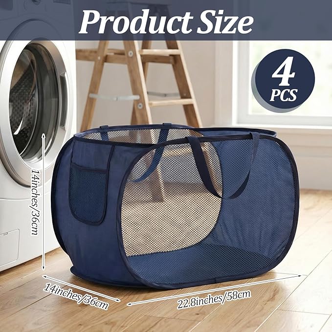 4 Pcs Foldable Pop Up Laundry Hampers, Mesh Laundry Basket with Side Pocket, Dirty Clothes Basket for Bathroom Travel Dorm Home Laundry Room Organization (4 Colors)