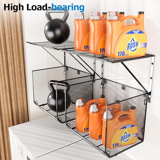 2 Pack Laundry Room Shelves Organization and Storage,Wall Mounted Clothes Drying Rack with Wire Mesh Basket Over Washer and Dryer, (Black, 2 Pack)