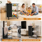 Rolling Laundry Cart with Wheels: 3-Tier Laundry Caddy Between Washer and Dryer - Heavy Duty Wrapping Paper Cart with 45L Bag for Narrow Space Laundry Room Bathroom Bedroom Black