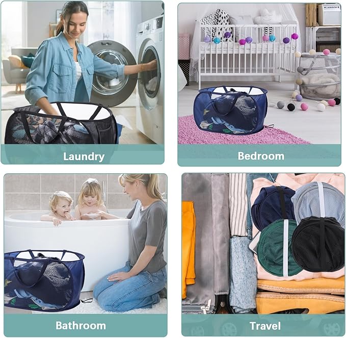 4 Pcs Popup Mesh Laundry Basket, Collapsible Laundry Hamper with Side Pocket Foldable Storage Basket with Durable Handles for Bathroom Travel Dorm Toy