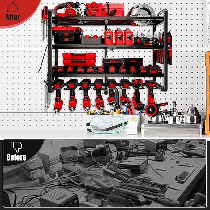 Large Power Tool Organizer Wall Mount, 4 Layer Heavy Duty 8 Cordless Drill Holder Tool Storage Rack, Load 400lbs Utility Power Tool Rack for Garage,Workbench,Workshop,Gifts for Men