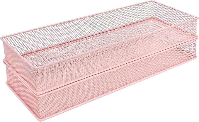 Annova Mesh Stackable Drawer Cabinet and Shelf Organizer Bins Storage Basket School Office Supply Holder Tray- Set of 2 (Light Pink, 6x15x2 Inch)