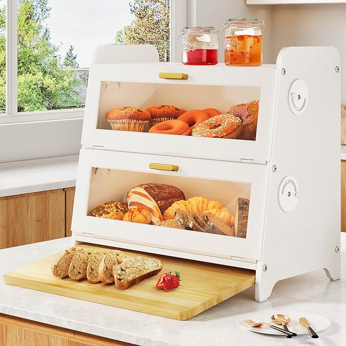 SNTD Bread Box - Kitchen Countertop Bread Storage Container with Bamboo Cutting Board, Adjustable Vent Hole Dials, White