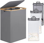 efluky Laundry Hamper with Lid, Trio Laundry Hamper with 3 Removable Bags, 3 Section Laundry Basket with Bamboo Handles for Bathroom, Bedroom & Laundry Room, 160L Silver Grey