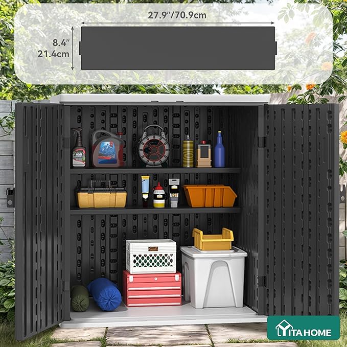 YITAHOME Outdoor Storage Cabinet with 2 Shelves, Waterproof Resin Horizontal Tool Shed, Lockable 15 cu. ft. Storage Shed for Patio, Garden, Yard, Dark Gray