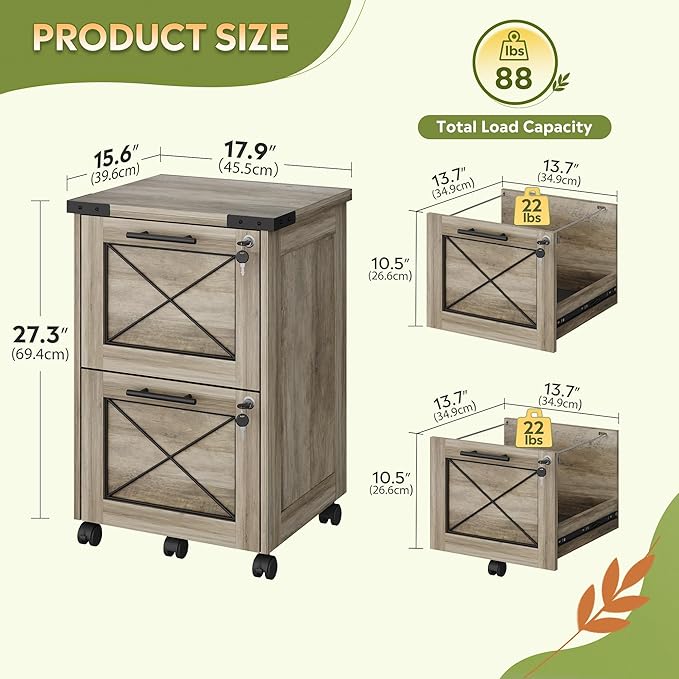 DEVAISE 2 Drawer File Cabinet with Hanging Files, Mobile Rolling Storage Cabinet for Home Office, Under Desk Filing Cabinet with Lock, Printer Stand, Gray Oak
