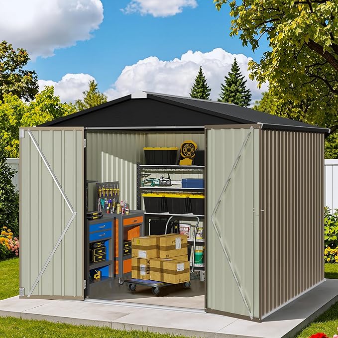 Patiowell Outdoor Storage Shed 8x8 FT, Heavy Duty Tool Metal Sheds with Lockable Doors and Updated Frame Structure for Backyard Patio Lawn, Brown