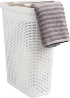 Mind Reader Slim Laundry Hamper with Lid, 40L Clothes Basket, Premium Wicker Design, Plastic, White