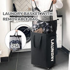 CHICVITA Laundry Hamper with Wheels & Removable Wash Bags -2 Pack, 75L Tall Laundry Basket for Dorms, Large Collapsible Hamper for Corner Spaces - Black