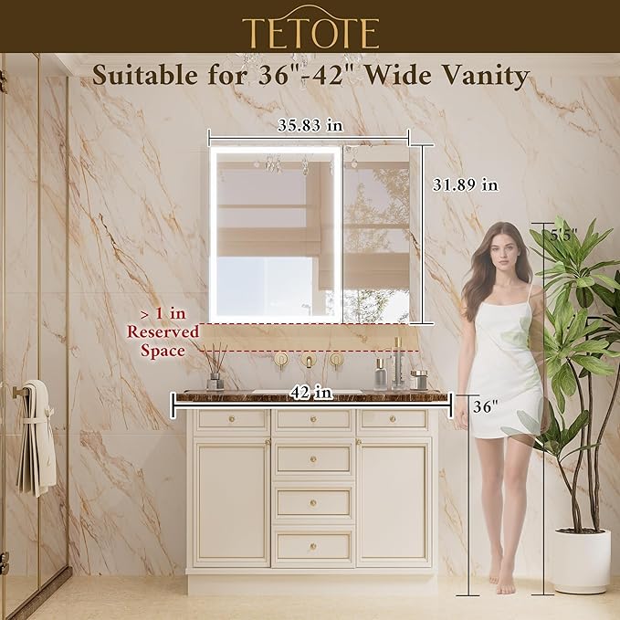 TETOTE 36 x 32 Medicine Cabinet with Lights, Adjustable Shelves, Silver Aluminum Cabinet, Anti-Fog Stepless Dimmable 3 Colors White/Warm/Natural, Easy to Install(Wall Mount/Recessed)