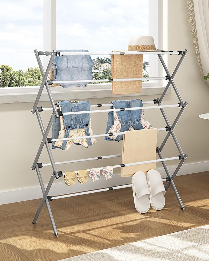APEXCHASER Drying Rack Clothing, Clothes Drying Rack Foldable, Laundry Drying Rack Expandable, Small Clothe Hanger for Baby Clothes Towels Bibs, Socks, Clothes Airer for Indoor Outdoor Use, White/Grey