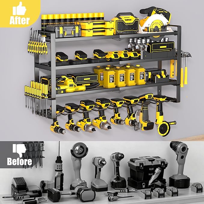 Large Power Tool Organizer Wall Mount, 4-Tier Heavy Duty Metal Storage Rack Loads 400lbs, Battery Tools Hanger with 8 Cordless Drill Holder for Garage, Workshop, Pegboard, Shed