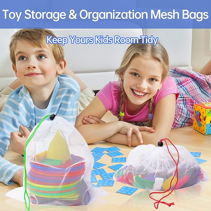20 Pack Reusable Produce Bags,See-Through Mesh Produce Bags With Drawstring,Washable Toy Storage Mesh Bags for Playroom Organization,Mesh Storage Toy Bags for Storage Toy Fruits Vegetables,3 Sizes