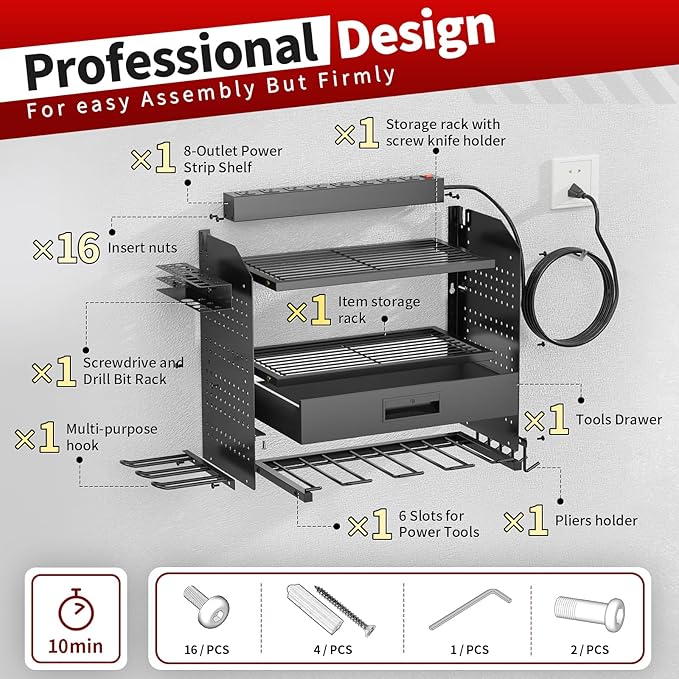 Power Tool Organizer Wall Mount with Charging Station, 4 Layers Storage Rack with 6 Drill Holders & Battery Storage, Cordless Tool Organizer with Drawers for Garage, Workshop & Tool Room