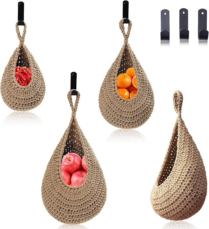 Hanging Fruit Large Basket Set of 3, Boho Wall Hanging Storage Basket for Organizing, Handmade Teardrop Hammock Holder for Fruit Vegetable in Home & Restaurant Kitchen with Hooks,Light Linen