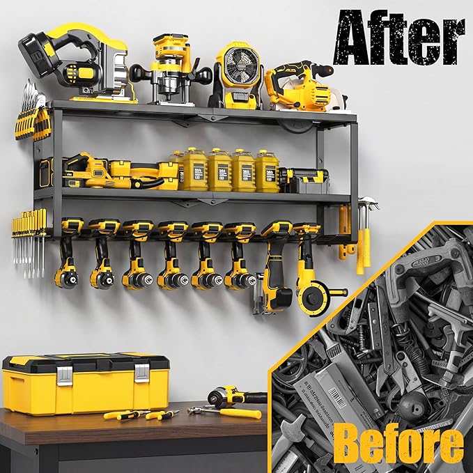 Power Tool Organizer Wall Mount, Heavy Duty Metal Tool Storage Rack Loads 320lbs, 8 Cordless Drill Holder 3 Layer for Garage, Workshop, Tool Room, Gift for Men