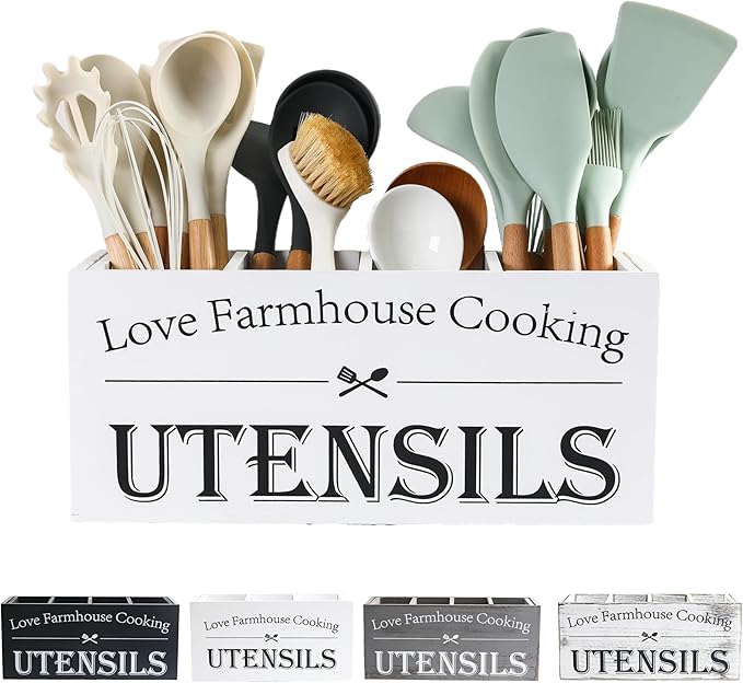 Utensil Holder,Extra Large Wooden Utensil Holder For Kitchen Counter,Cooking Spatula Organizer,Big Storage Caddy With 4 Compartments Flatware Spoon Tool Cutlery（White）