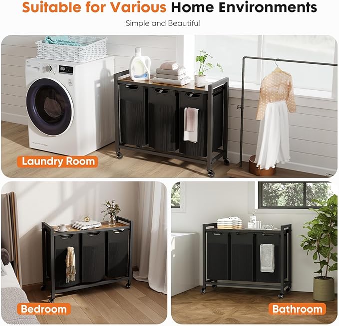 DUMOS Laundry Hamper with 3 Pull-Out Removable Sorter Bags, Movable Wheels, Freestanding Clothes Basket Organizer in Bathroom, 3 × 10.6 Gal (120L) Capacity, Rustic Brown and Black