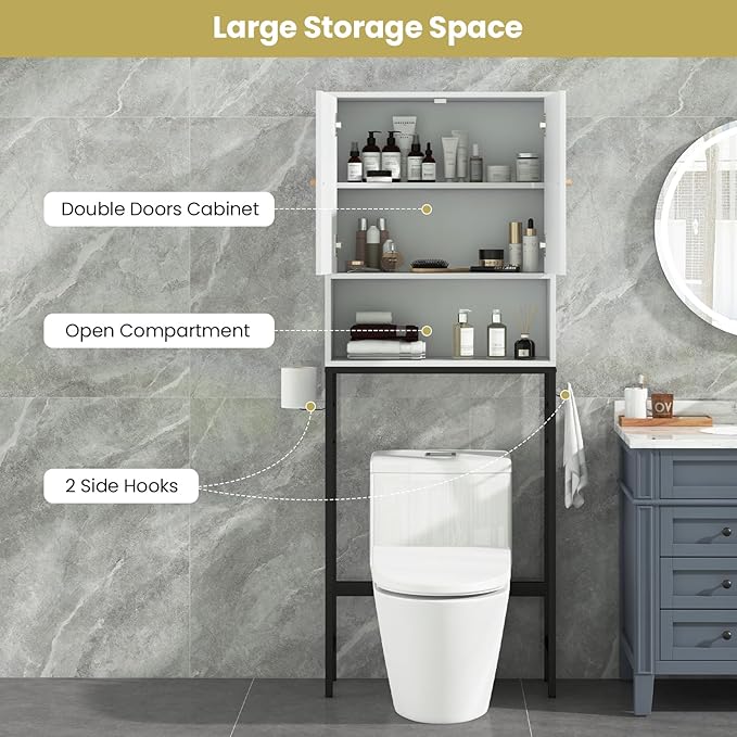 Giantex Over The Toilet Storage Cabinet, Bathroom Space Saver W/Toilet Paper Holder & Hook, Adjustable Shelf & Bottom Bar, Open Storage Cube, Over Toilet Bathroom Organizer for Laundry, Restroom