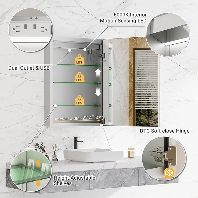 24x32 Lighted Medicine Cabinet with Mirror, Beveled Brushed Nickel Framed Surface or Recessed Fogless Dimmable LED Medicine Cabinet with Outlet, Time Display & Sensor Inner Light(Right Hinge)