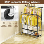 Rolling Clothes Rack with Doule Rod for Hanging, Heavy Duty Metal Garment Rack Load 450 LBS with Lockable Wheel, Free Standng Clothing Rack with 2 Shelves and Side Hooks for Home Commercial, Black