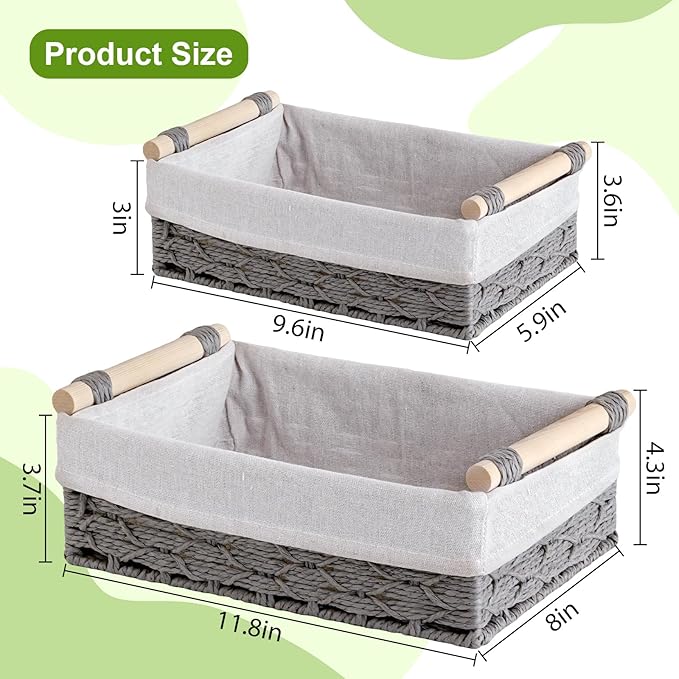 2 Pack Woven Toilet Paper Storage Baskets for Organizing with Wooden Handles, Toilet Paper Basket for Back of Toilet Top, Toilet Tank Topper Tray, Decorative Bathroom Basket Organizer for Shelves,Gray