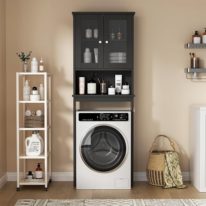 Walsunny Over Toilet Storage Cabinet, BathroomShelf Organizer Over Toilet, Washing Machine Box, Space Saver with Adjustable Decorative Racks（Black）