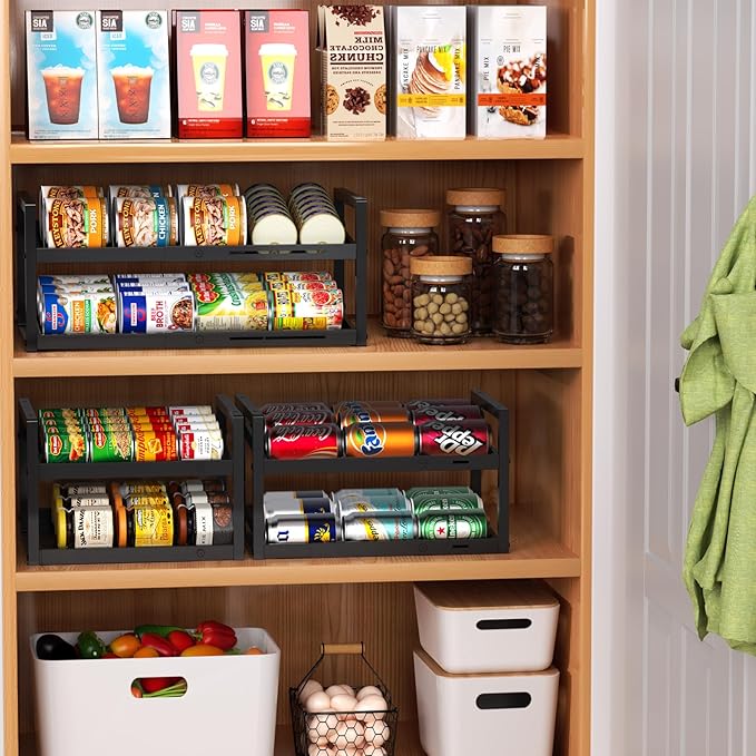 2-Tier Can Organizer for Pantry, Expandable Length Can Rack for Kitchen Shelf Organizer and Storage, Sturdy Metal Standing Can Holder for Canned Soup Soda Food Goods Storage, Stackable