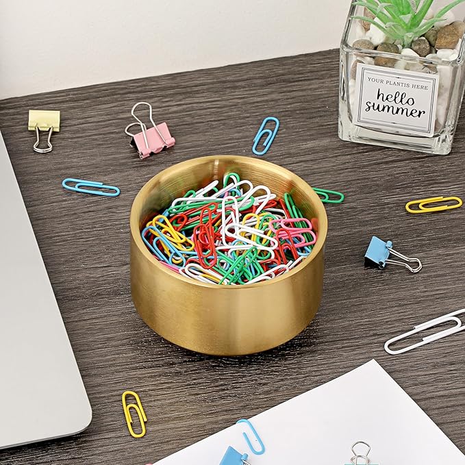 BTSKY 1 Pack Golden Paper Clip Holder, Stackable Paperclip Box Metal Storage Bowl for Office Supply Accessories, Round Small Storage Holder Cute Jewelry Organizer for Office Bathroom Vanity