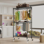 Heavy Duty Garment Rack with Wheels, H2 Plus Rolling Clothing Rack for Hanging Clothes, Load 480 LBS Portable Closet, Metal Adjustable Shelves & Double Hanging Rods for Bedroom Storage, Black