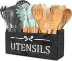 RedCall Wooden Kitchen Utensil Holder for Counter-top,Large Utensil Organizer for Storage Cooking Tool and Silverware,Extra Large Rustic Wood Container (Black)