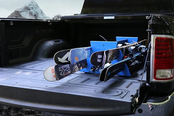 TRAPSKI Mobile Racing and XC Ski Rack Marine Grade HDPE Plastic | UV Protected | Premium Strap Included | 3 Year Warranty | Made in The USA | Veteran Owned Business (Blue, Quad)