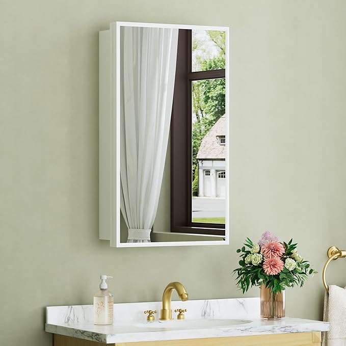 Buruis 14"x 24" Small Framed Medicine Cabinet with Mirror, Compact Recessed or Wall Mounted Bathroom Cabinet, Adjustable Tempered Glass Shelves, Left/Right Open Reversible, No Assembly Required, White