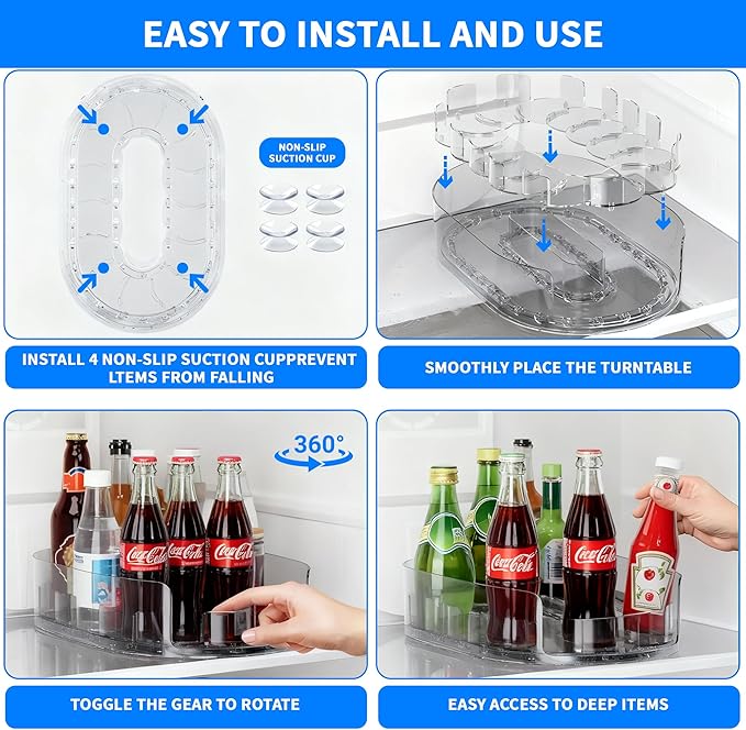Drink Organizer for Fridge - 360° Rotating Lazy Susan for Refrigerator, 13.5''x8.5'' Clear Lazy Susan Turntable for Refrigerator Organizers and Storage, Kitchen, Table Top, Cabinet, Pantry, 1 Pack