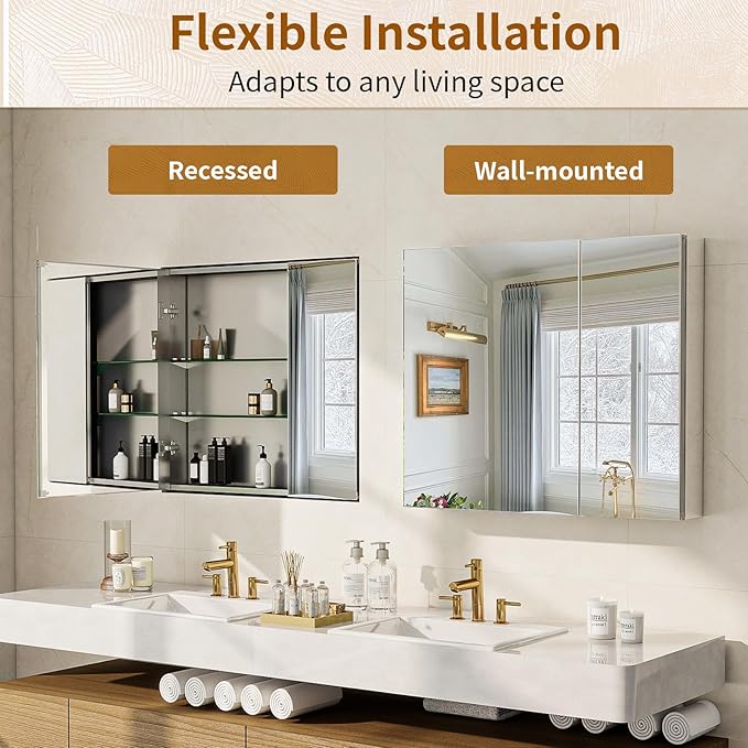 BEAUTYPEAK Bathroom Medicine Cabinet Mirror with Storage, 30 Inch x 26 Inch Silver Medicine Cabinet with Double Door & Adjustable Shelves for Vanity, Tempered, Aluminum Surface, Wall-mount or Recessed