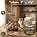 Flexzion Egg Basket for Gathering Fresh Eggs - Round Wire Countertop Egg Holder with Spring Handles, Farmhouse Chicken Eggs Collecting Basket Storage for Countertop, Kitchen Organizer and Farm (Black)
