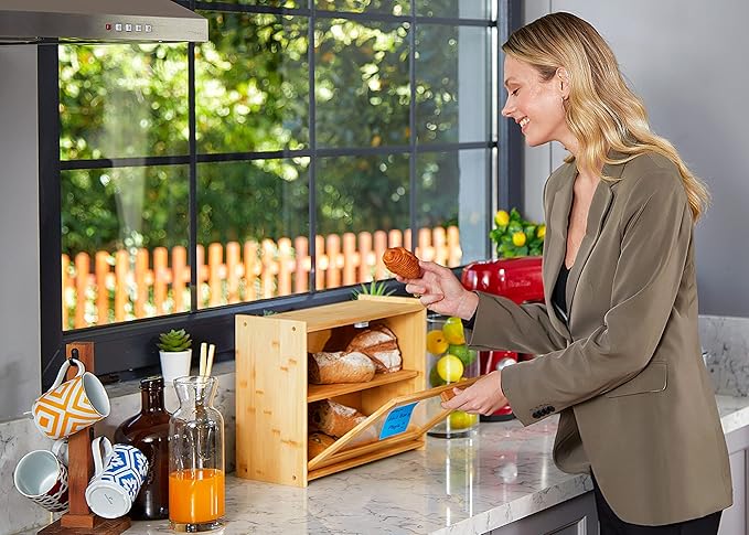 RoyalHouse Premium Bamboo Double Layer Bread Box With Clear Window, Bread Storage And Organizer for Kitchen Countertop, Bread Container, Assembly Required