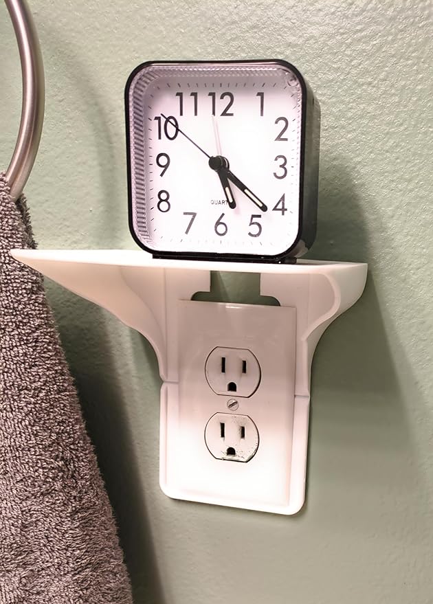 Townsend 2 Pack White Single Wall Outlet Shelf Organizer for Outlets, Perfect for Bathroom Kitchen Bedroom with Easy Installation with Adhesive Tape Products with Black Silcone 5 Cord Organizer.