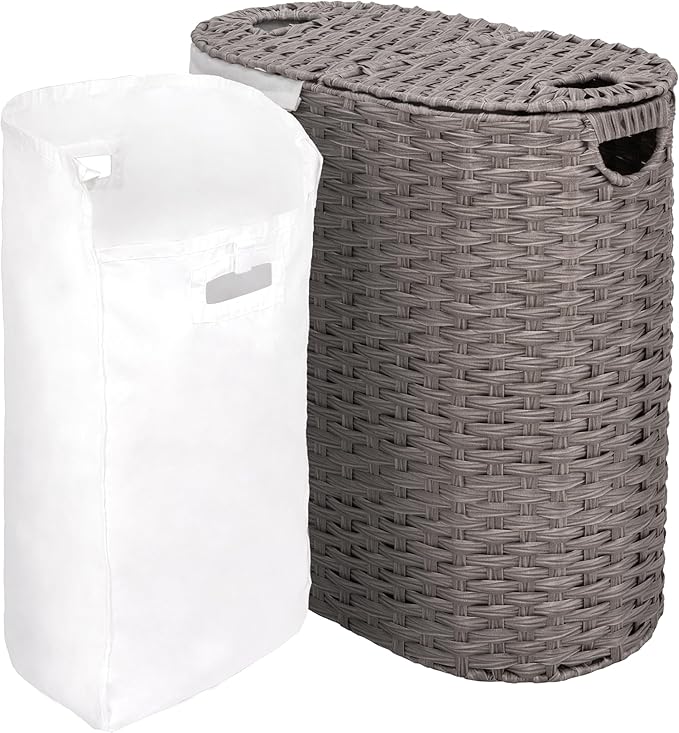 Seville Classics Premium Handwoven Portable Laundry Bin Basket with Carrying Handles, Household Storage for Clothes, Linens, Sheets, Gray, Oval Hamper