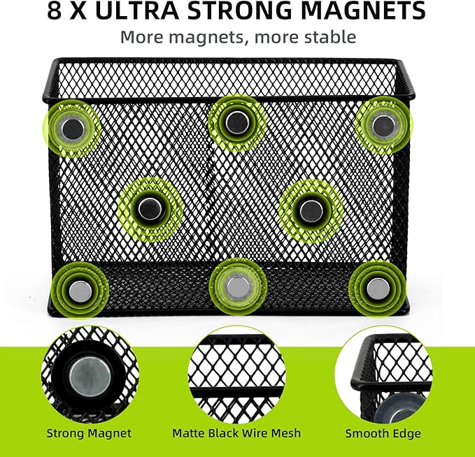 Neudeco Magnetic Locker Organizer and Accessories, Wire Mesh Magnetic Storage Basket, Magnetic Holder for Dry Erase Markers, Strong Magnet Pen Holder for Fridge School, Black, Pack of 6
